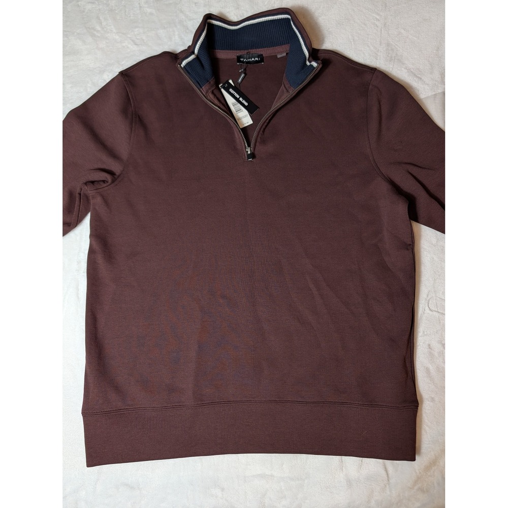 Tahari NWT Men's Quarter Zip Pullover Large Brown Cotton Blend Preppy